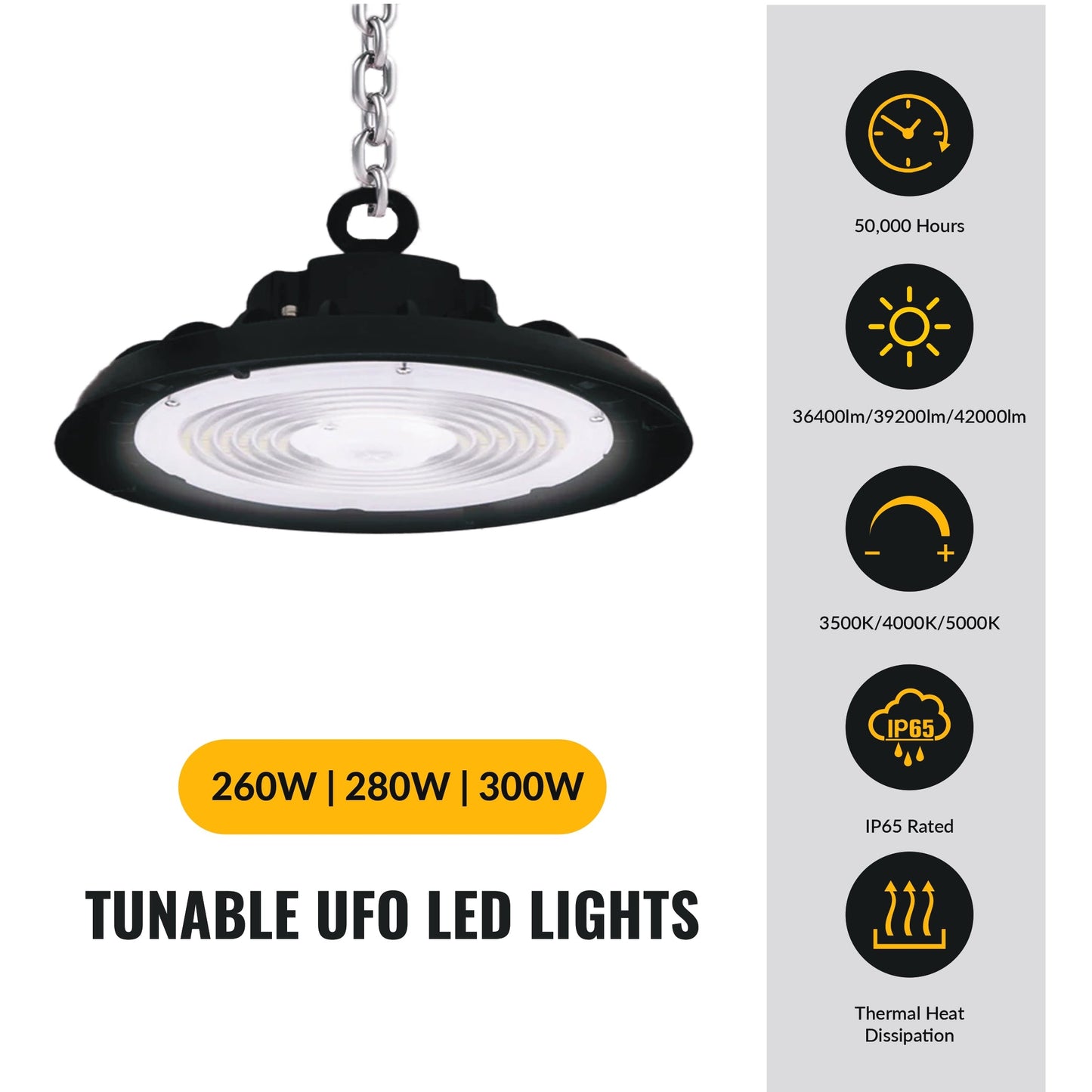 300w UFO LED High Bay 51100 Lumens, Adjustable Wattage & Selectable CCT 3500K-5000K