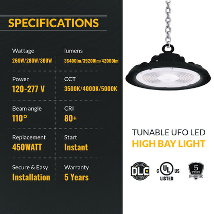 300w UFO LED High Bay 51100 Lumens, Adjustable Wattage & Selectable CCT 3500K-5000K