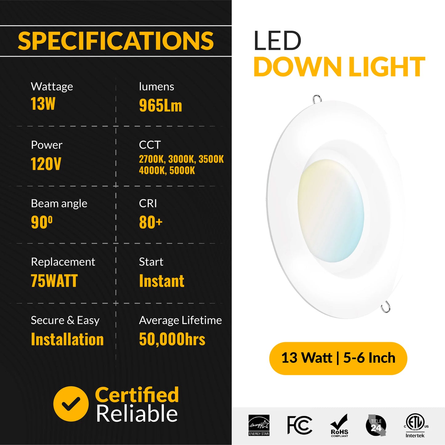 Recessed LED Retrofit Lighting, 5-6 Inch, Smooth, 965 Lumens, Selectable CCT (2700K-5000K)