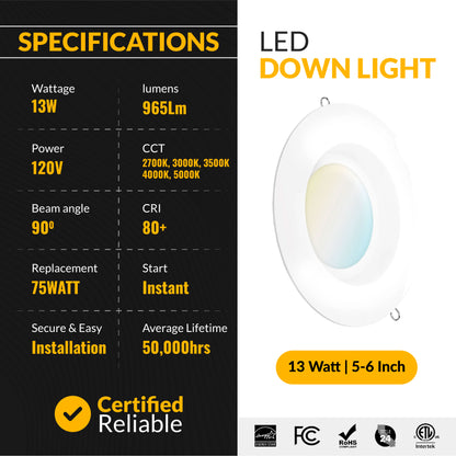 Recessed LED Retrofit Lighting, 5-6 Inch, Smooth, 965 Lumens, Selectable CCT (2700K-5000K)