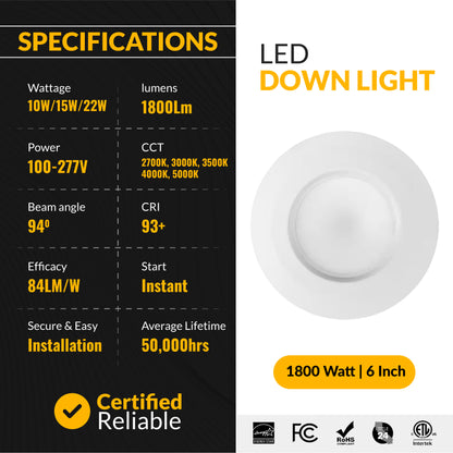 Commercial Recessed LED Lighting, 6 Inch, 22W-15W-10W, Selectable Wattage & CCT, 1800 Lumens