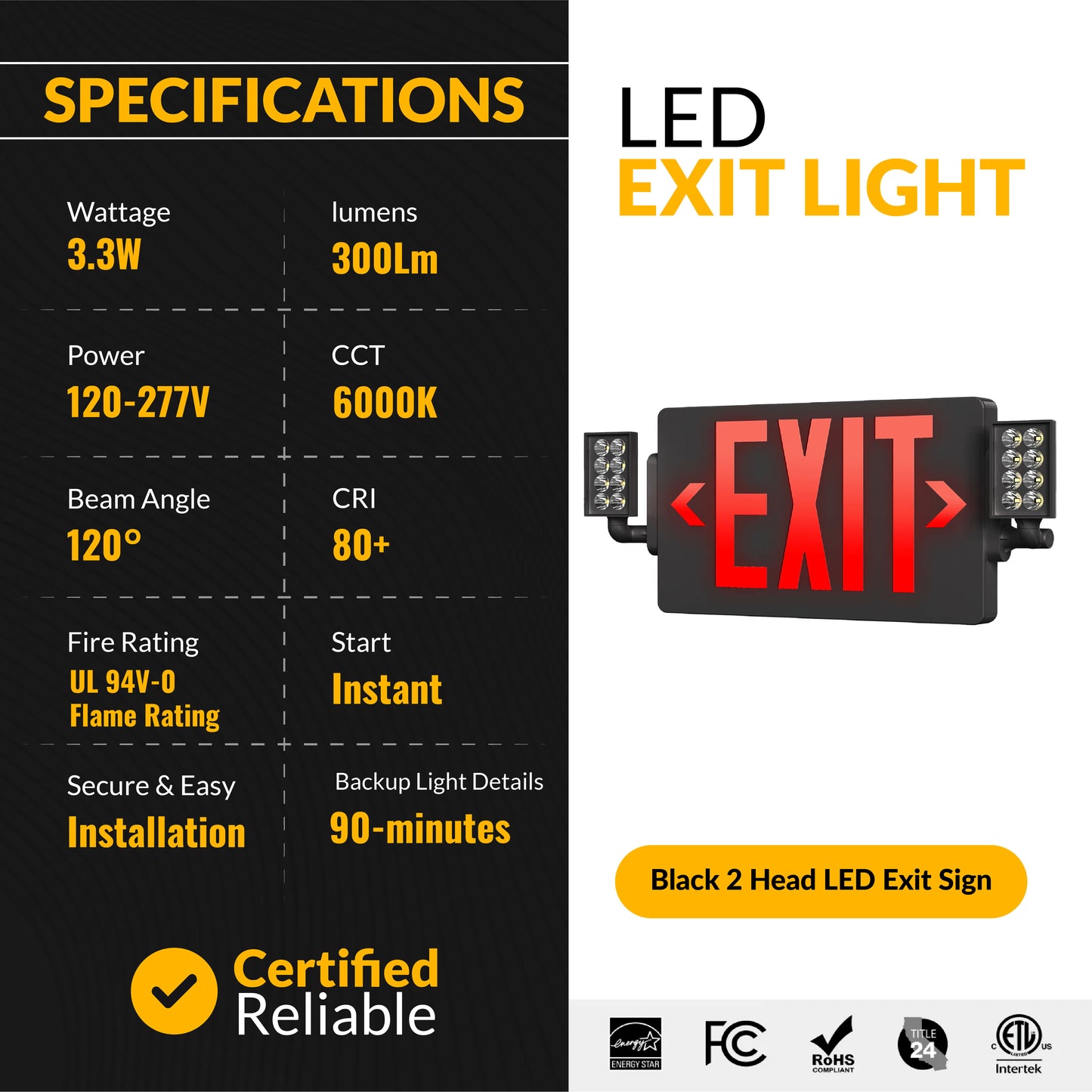 Black 2 Head LED Exit Sign